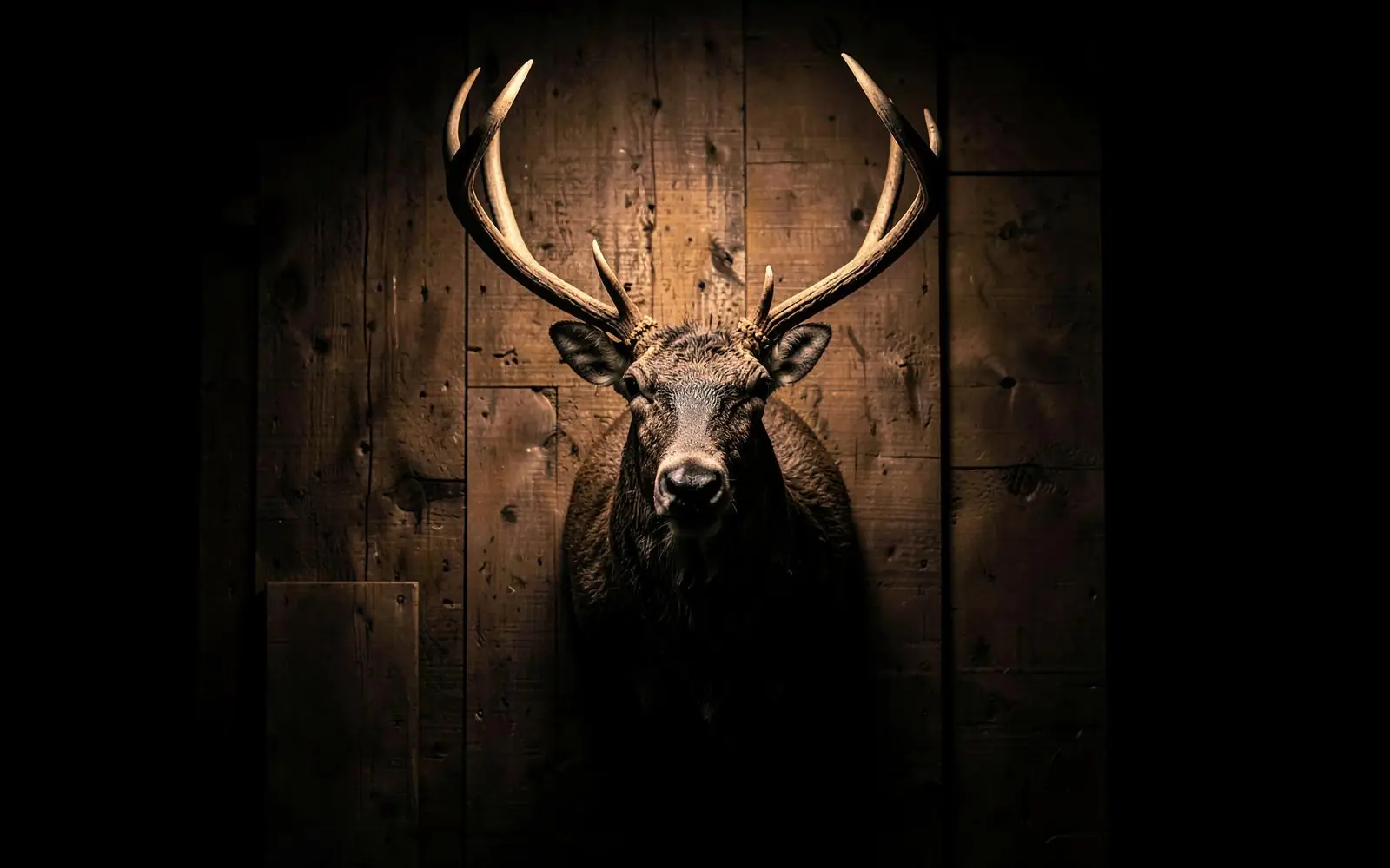 Whitetail deer shoulder mount on a wood-paneled wall in a dim room